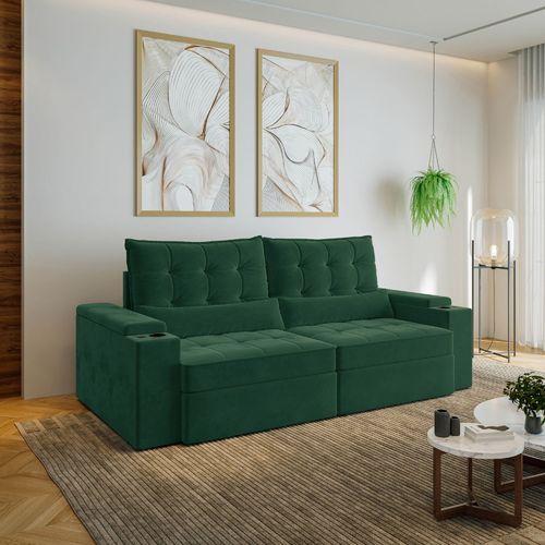Sofá Retrátil Reclinável 4 Lugares 240cm Porta Copos e USB Embaúba Extra CabeCasa MadeiraOriginals Verde Diamante Verde Diamante