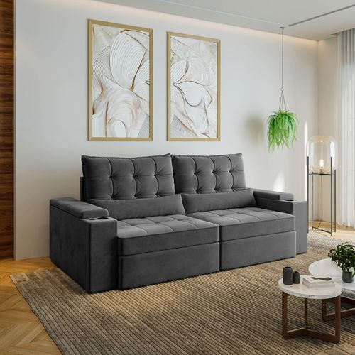 Sofá Retrátil Reclinável 4 Lugares 240cm Porta Copos e USB Embaúba Extra CabeCasa MadeiraOriginals Cinza Diamante Cinza Diamante