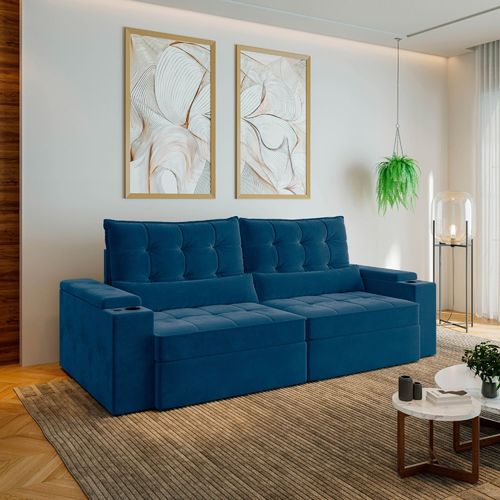 Sofá Retrátil Reclinável 4 Lugares 250cm Porta Copos e USB Embaúba Extra CabeCasa MadeiraOriginals Azul Diamante Azul Diamante
