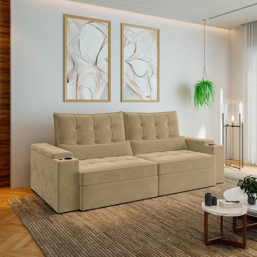 Sofá Retrátil Reclinável 4 Lugares 250cm Porta Copos e USB Embaúba Extra CabeCasa MadeiraOriginals Bege Palha Diamante Palha Diamante