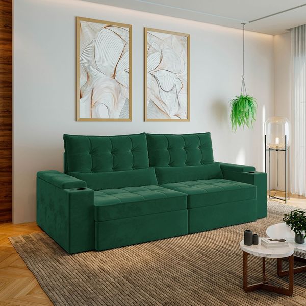 Sofá Retrátil Reclinável 4 Lugares 250cm Porta Copos e USB Embaúba Extra CabeCasa MadeiraOriginals Verde Diamante Verde Diamante