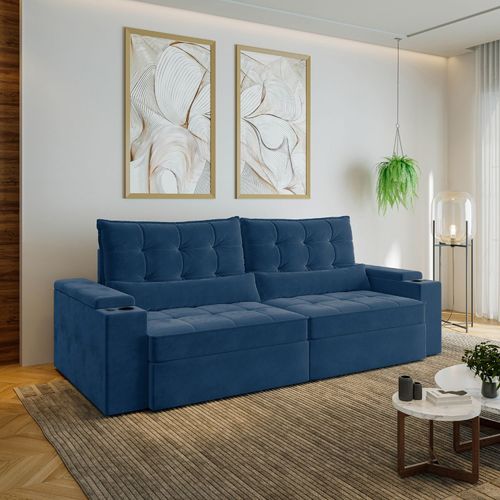 Sofá Retrátil Reclinável 4 Lugares 260cm Porta Copos e USB Embaúba Extra CabeCasa MadeiraOriginals Azul Diamante Azul Diamante