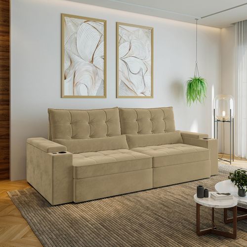 Sofá Retrátil Reclinável 4 Lugares 260cm Porta Copos e USB Embaúba Extra CabeCasa MadeiraOriginals Bege Palha Diamante Palha Diamante