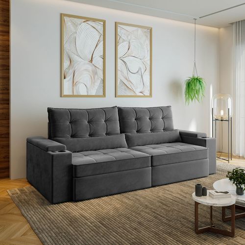 Sofá Retrátil Reclinável 4 Lugares 260cm Porta Copos e USB Embaúba Extra CabeCasa MadeiraOriginals Cinza Diamante Cinza Diamante