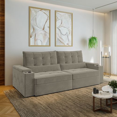 Sofá Retrátil Reclinável 4 Lugares 260cm Porta Copos e USB Embaúba Extra CabeCasa MadeiraOriginals Cinza Claro Fosco Cinza Claro Fosco