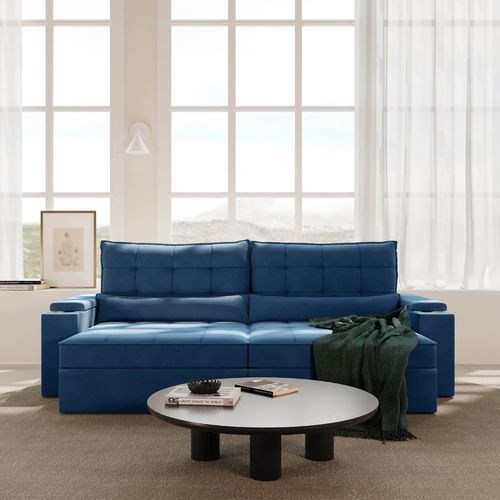 Sofá Retrátil Reclinável 4 Lugares 270cm Porta Copos e USB Embaúba Extra CabeCasa MadeiraOriginals Azul Diamante Azul Diamante