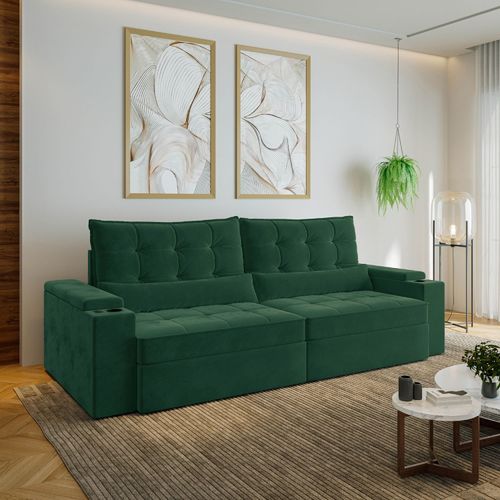 Sofá Retrátil Reclinável 4 Lugares 270cm Porta Copos e USB Embaúba Extra CabeCasa MadeiraOriginals Verde Diamante Verde Diamante
