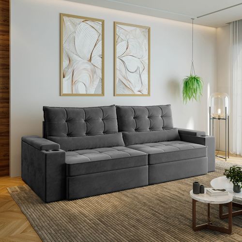 Sofá Retrátil Reclinável 4 Lugares 270cm Porta Copos e USB Embaúba Extra CabeCasa MadeiraOriginals Cinza Diamante Cinza Diamante