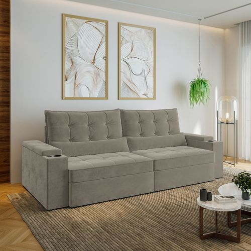 Sofá Retrátil Reclinável 4 Lugares 270cm Porta Copos e USB Embaúba Extra CabeCasa MadeiraOriginals Cinza Claro Fosco Cinza Claro Fosco