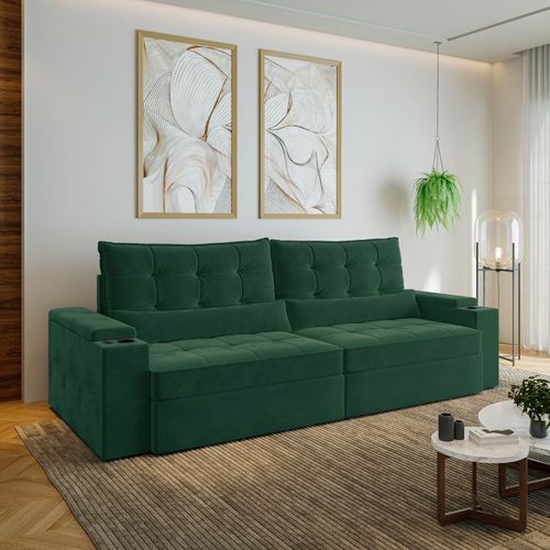 Sofá Retrátil Reclinável 4 Lugares 280cm Porta Copos e USB Embaúba Extra CabeCasa MadeiraOriginals Verde Diamante Verde Diamante