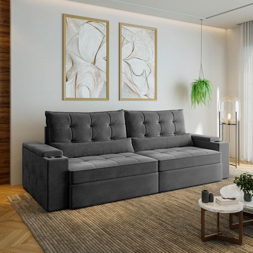 Sofá Retrátil Reclinável 4 Lugares 280cm Porta Copos e USB Embaúba Extra CabeCasa MadeiraOriginals Cinza Diamante Cinza Diamante