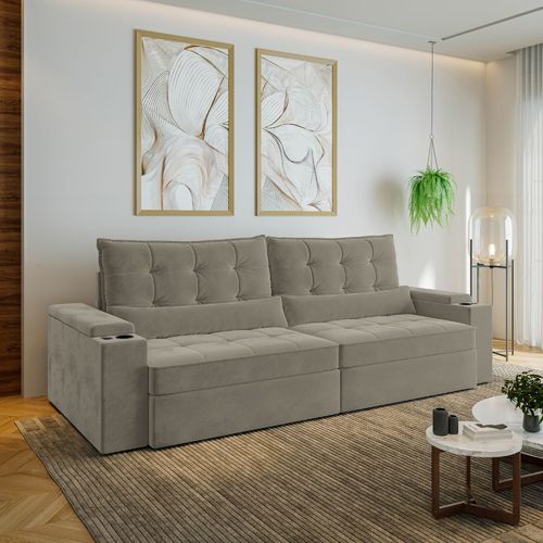 Sofá Retrátil Reclinável 4 Lugares 280cm Porta Copos e USB Embaúba Extra CabeCasa MadeiraOriginals Cinza Claro Fosco Cinza Claro Fosco