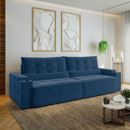 Sofá Retrátil Reclinável 4 Lugares 300cm Porta Copos e USB Embaúba Extra CabeCasa MadeiraOriginals Azul Diamante Azul Diamante