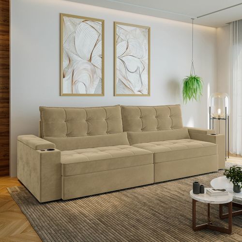 Sofá Retrátil Reclinável 4 Lugares 300cm Porta Copos e USB Embaúba Extra CabeCasa MadeiraOriginals Bege Palha Diamante Palha Diamante