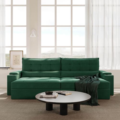 Sofá Retrátil Reclinável 4 Lugares 300cm Porta Copos e USB Embaúba Extra CabeCasa MadeiraOriginals Verde Diamante Verde Diamante