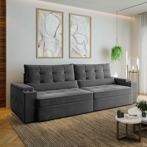 Sofá Retrátil Reclinável 4 Lugares 300cm Porta Copos e USB Embaúba Extra CabeCasa MadeiraOriginals Cinza Diamante Cinza Diamante