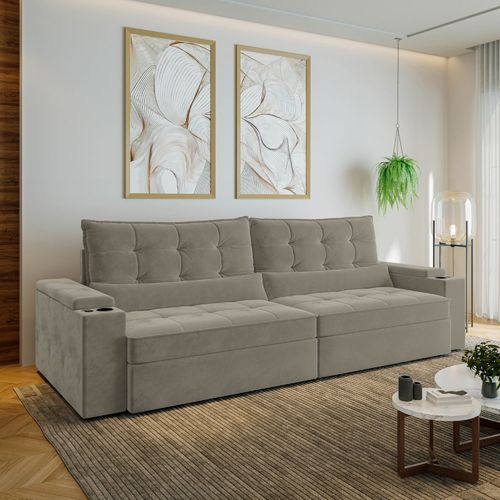Sofá Retrátil Reclinável 4 Lugares 300cm Porta Copos e USB Embaúba Extra CabeCasa MadeiraOriginals Cinza Claro Fosco Cinza Claro Fosco