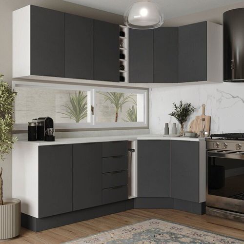 Cozinha Modulada 8 Peças com Tampo com Rodapé 4 Aéreos e 4 Balcões Ipanema CabeCasa MadeiraOriginals Grafite Trama