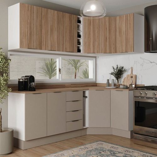 Cozinha Modulada 8 Peças com Tampo com Rodapé 4 Aéreos e 4 Balcões Ipanema CabeCasa MadeiraOriginals Fendi Trama/ Acácia