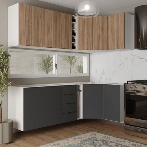 Cozinha Modulada 8 Peças sem Tampo sem Rodapé 4 Aéreos e 4 Balcões Ipanema CabeCasa MadeiraOriginals Grafite Trama/ Acácia