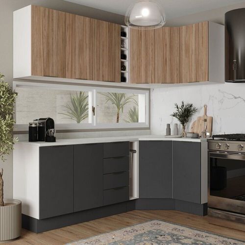 Cozinha Modulada 8 Peças com Tampo com Rodapé 4 Aéreos e 4 Balcões Ipanema CabeCasa MadeiraOriginals Grafite Trama/ Acácia