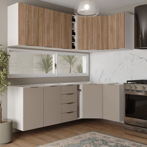 Cozinha Modulada 8 Peças sem Tampo sem Rodapé 4 Aéreos e 4 Balcões Ipanema CabeCasa MadeiraOriginals Fendi Trama/ Acácia