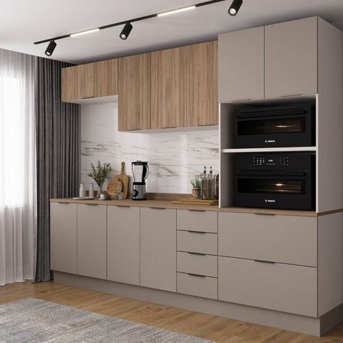 Cozinha Modulada 5 Peças com Tampo com Rodapé Ipanema CabeCasa MadeiraOriginals Fendi Trama/ Acácia