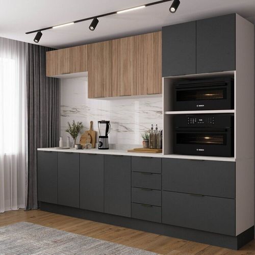 Cozinha Modulada 5 Peças com Tampo com Rodapé Ipanema CabeCasa MadeiraOriginals Grafite Trama/ Acácia