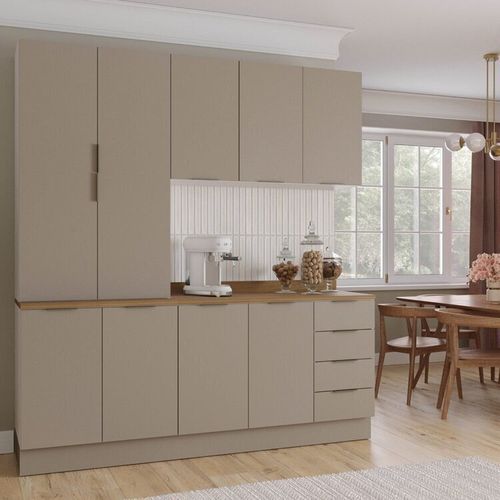 Cozinha Modulada 4 Peças com Tampo com Rodapé 2 Aéreos e 2 Balcões Ipanema CabeCasa MadeiraOriginals Fendi Trama