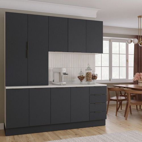 Cozinha Modulada 4 Peças com Tampo com Rodapé 2 Aéreos e 2 Balcões Ipanema CabeCasa MadeiraOriginals Grafite Trama