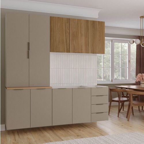 Cozinha Modulada 4 Peças sem Tampo sem Rodapé 2 Aéreos e 2 Balcões Ipanema CabeCasa MadeiraOriginals Fendi Trama/ Acácia