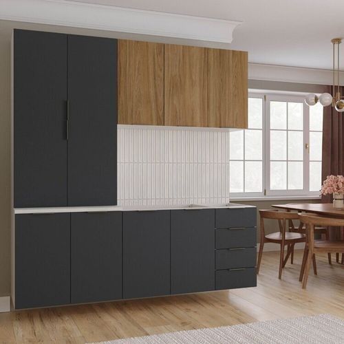 Cozinha Modulada 4 Peças sem Tampo sem Rodapé 2 Aéreos e 2 Balcões Ipanema CabeCasa MadeiraOriginals Grafite Trama/ Acácia
