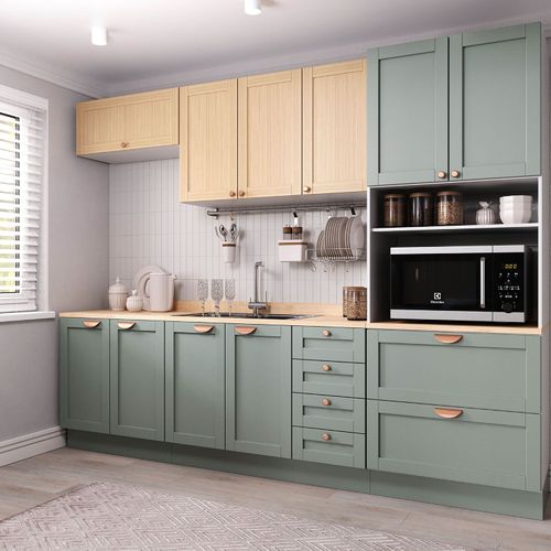 Cozinha Modulada 5 Peças com Tampo 1 Torre 2 Aéreos 2 Balcões Arizona CabeCasa MadeiraOriginals Figueira/Menta