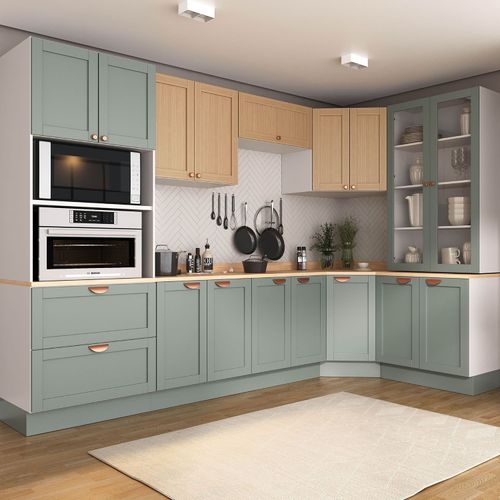 Cozinha Modulada 9 Peças com Tampo 1 Torre 4 Aéreos 4 Balcões Arizona CabeCasa MadeiraOriginals Figueira/Menta