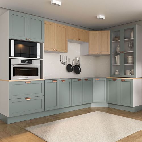 Cozinha Modulada 9 Peças sem Tampo 1 Torre 4 Aéreos 4 Balcões Arizona CabeCasa MadeiraOriginals Figueira/Menta