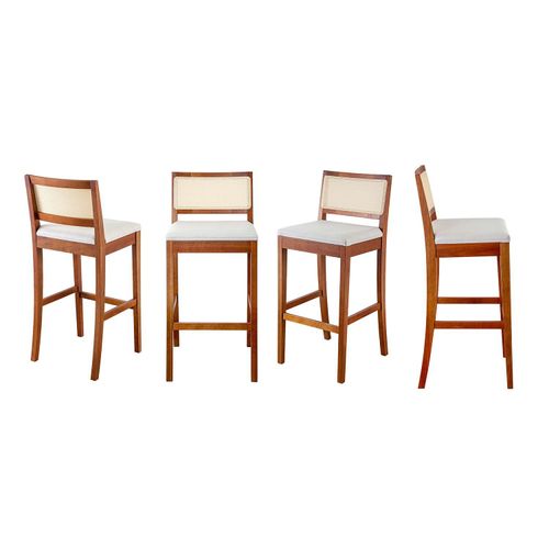 Kit 4 Banquetas com Encosto e Apoio para Pés Tiê CabeCasa MadeiraOriginals Amêndoa/Off White