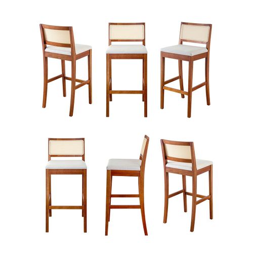 Kit 6 Banquetas com Encosto e Apoio para Pés Tiê CabeCasa MadeiraOriginals Amêndoa/Off White
