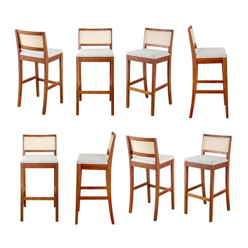 Kit 8 Banquetas com Encosto e Apoio para Pés Tiê CabeCasa MadeiraOriginals Amêndoa/Off White