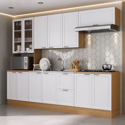 Cozinha Compacta 5 Peças 1 Paneleiro Duplo 2 Aéreos 2 Balcões Soho CabeCasa MadeiraOriginals Freijó/Branco