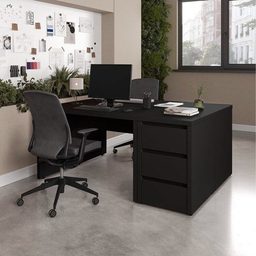 Conjunto Home Office 4 Peças 2 Mesas 2 Gaveteiros Ficus 6 Gavetas 170cm CabeCasa MadeiraOriginals Preto Preto