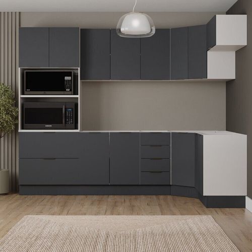 Cozinha Modulada 7 Peças sem Tampo com Rodapé Ipanema CabeCasa MadeiraOriginals Grafite Trama