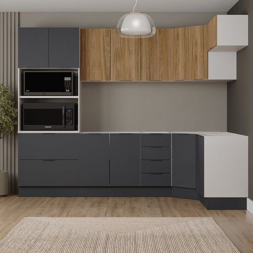Cozinha Modulada 7 Peças sem Tampo com Rodapé Ipanema CabeCasa MadeiraOriginals Grafite Trama/Acácia