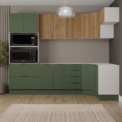 Cozinha Modulada 7 Peças sem Tampo com Rodapé Ipanema CabeCasa MadeiraOriginals Verde Folha/Acácia