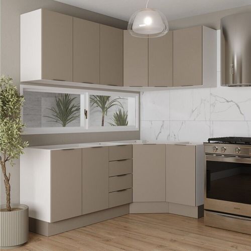 Cozinha Modulada 6 Peças sem Tampo com Rodapé 3 Aéreos e 3 Balcões Ipanema CabeCasa MadeiraOriginals Fendi Trama