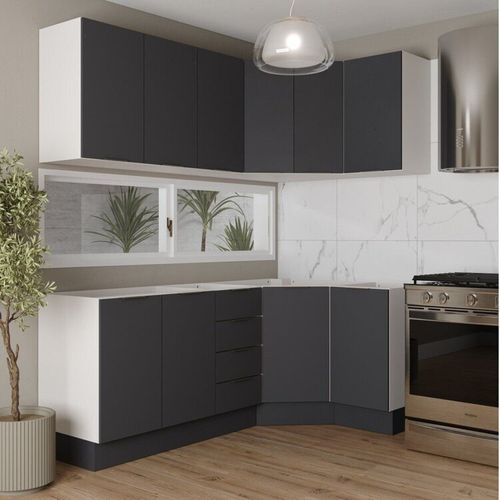 Cozinha Modulada 6 Peças sem Tampo com Rodapé 3 Aéreos e 3 Balcões Ipanema CabeCasa MadeiraOriginals Grafite Trama