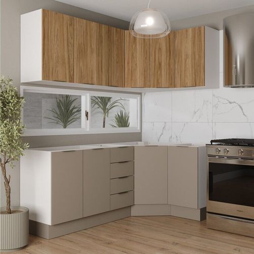 Cozinha Modulada 6 Peças sem Tampo com Rodapé 3 Aéreos e 3 Balcões Ipanema CabeCasa MadeiraOriginals Fendi Trama/Acácia