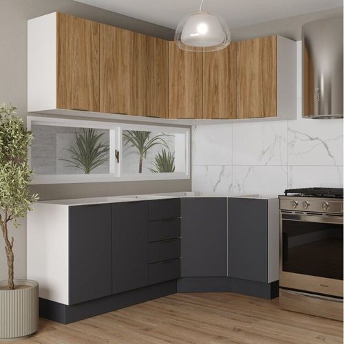 Cozinha Modulada 6 Peças sem Tampo com Rodapé 3 Aéreos e 3 Balcões Ipanema CabeCasa MadeiraOriginals Grafite Trama/Acácia