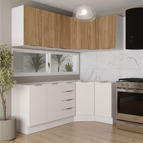 Cozinha Modulada 6 Peças sem Tampo com Rodapé 3 Aéreos e 3 Balcões Ipanema CabeCasa MadeiraOriginals Branco/Acácia
