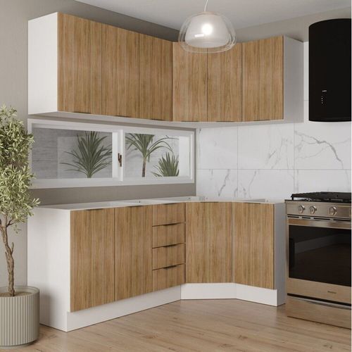 Cozinha Modulada 6 Peças sem Tampo com Rodapé 3 Aéreos e 3 Balcões Ipanema CabeCasa MadeiraOriginals Acácia