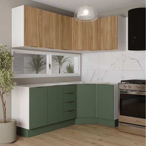 Cozinha Modulada 6 Peças sem Tampo com Rodapé 3 Aéreos e 3 Balcões Ipanema CabeCasa MadeiraOriginals Verde Folha/Acácia